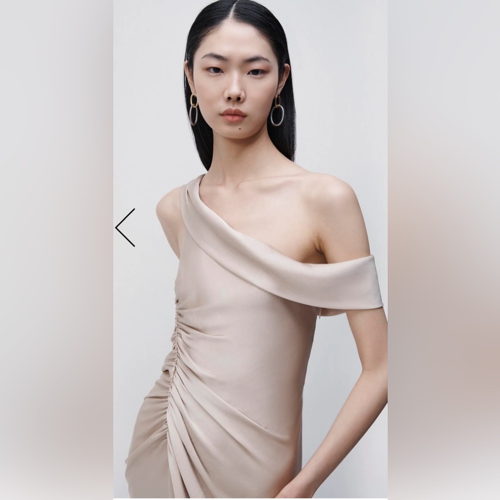 Jonathan Simkhai One-Shoulder Ruched Satin Gown in Taupe - Picture 6 of 7
